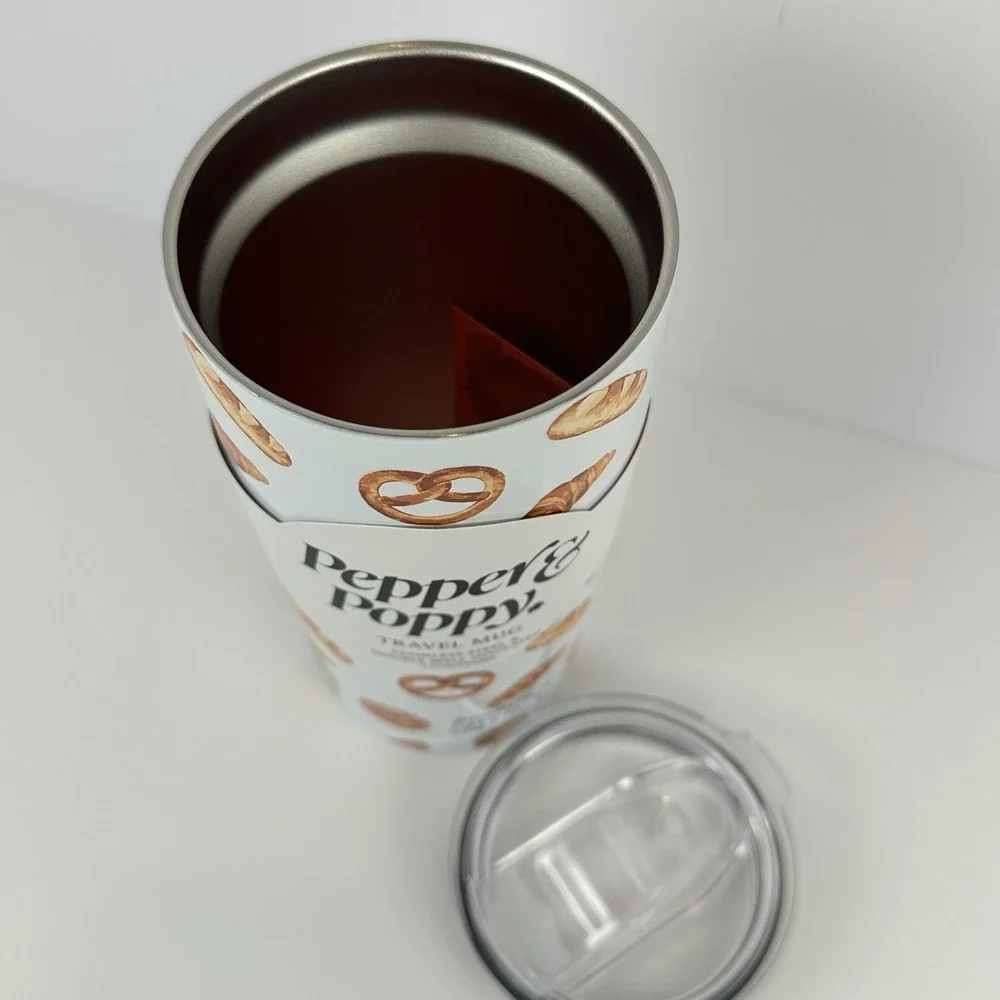 Pepper & Poppy Travel Mug 17oz Stainless Steel Insulated Bread Pretzel